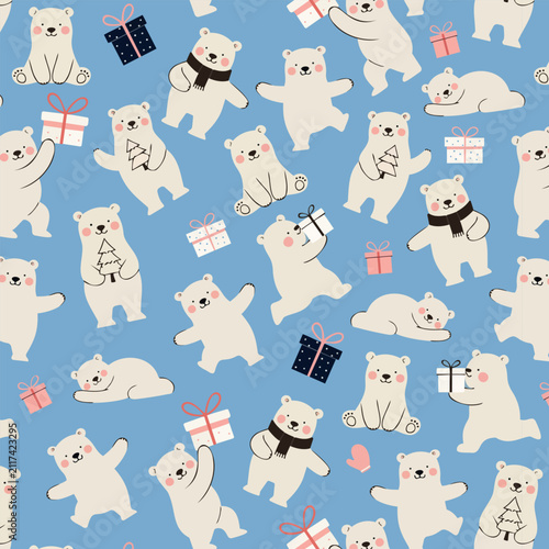 Cute Winter Polar Bear Seamless Patterns Set: Christmas Background Collection with White Bears and Gifts