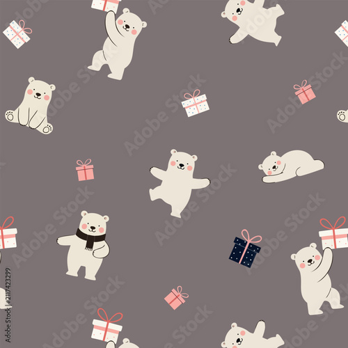 Cute Winter Polar Bear Seamless Patterns Set: Christmas Background Collection with White Bears and Gifts