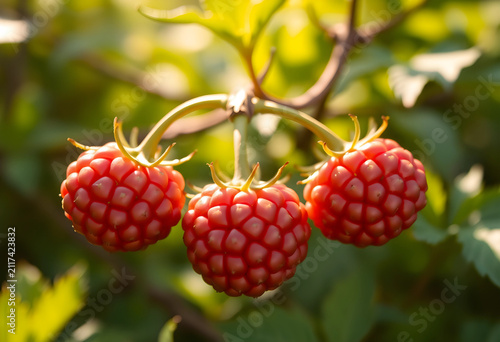 Three ripe red raspberries ...