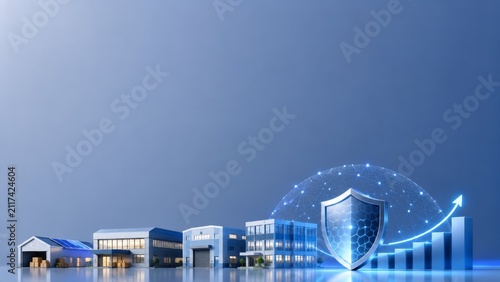 Innovative Visual Representation of Business Resilience and Growth with Digital Protection Symbol and Modern Buildings