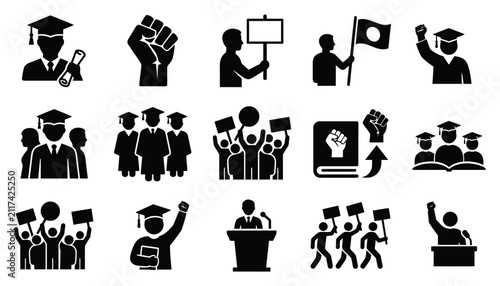 Social Justice Icons: A collection of stylized black and white icons representing various aspects of social justice movements, including protests, graduation, activism, and public speaking.