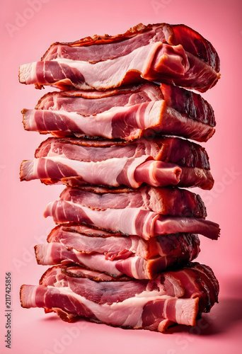 Thick stack of raw bacon sl...