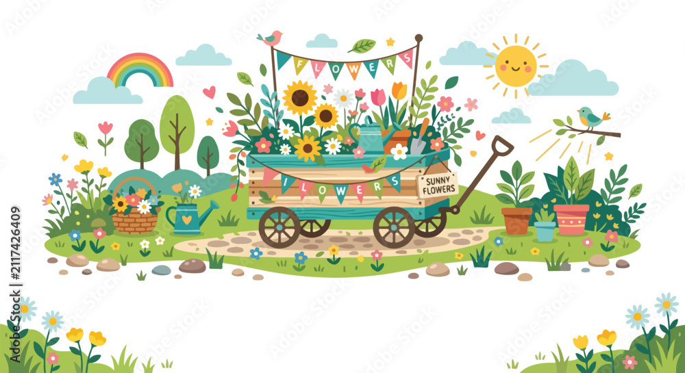 Naklejka premium A charming vector scene showcasing a blue flower cart laden with vibrant blossoms in a sunny meadow featuring a rainbow and birds.