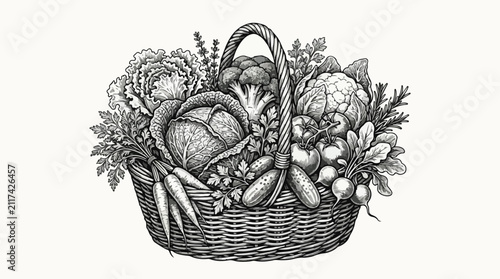 Quadro su tela Vintage hand drawn vegetable basket vector, rustic wicker hamper with fresh gard