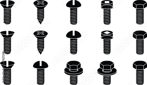 Konstfotografi Industrial metal screws bolts and fasteners black silhouette icon set for constr