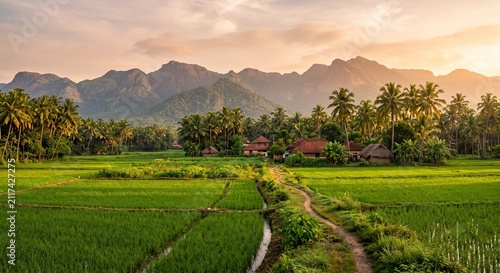 Authentic Palakkad rural landscape featuring lush farmland, coconut palms, traditional village scenery and scenic Western Ghats backdrop in Kerala India
