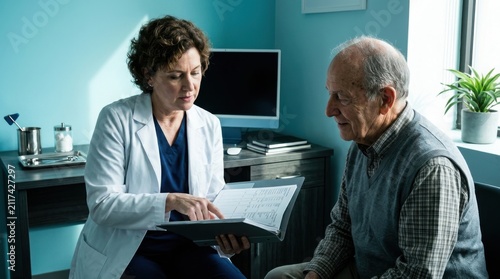 Doctor Consults With Elderly Patient Reviewing Medical Documentation