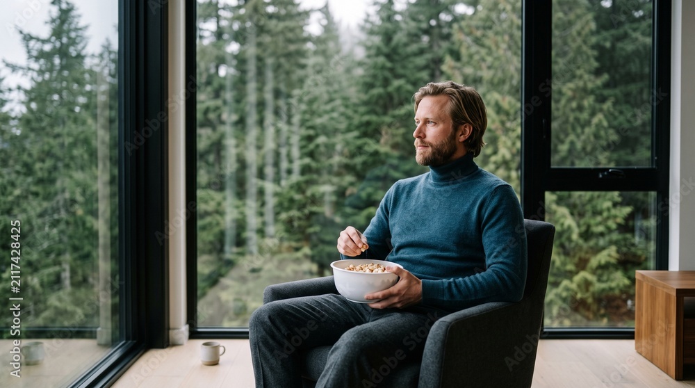 Obraz premium Thoughtful man sitting in chair eating popcorn by window with forest view.