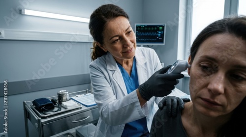 Doctor Checks Patient Temperature With Digital Thermometer In Examination Room