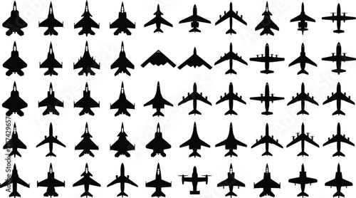 Fotografie Military fighter jet and commercial airplane silhouette set containing aviation