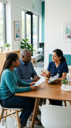 Diverse Senior Couple Confers With Caring Health Professional