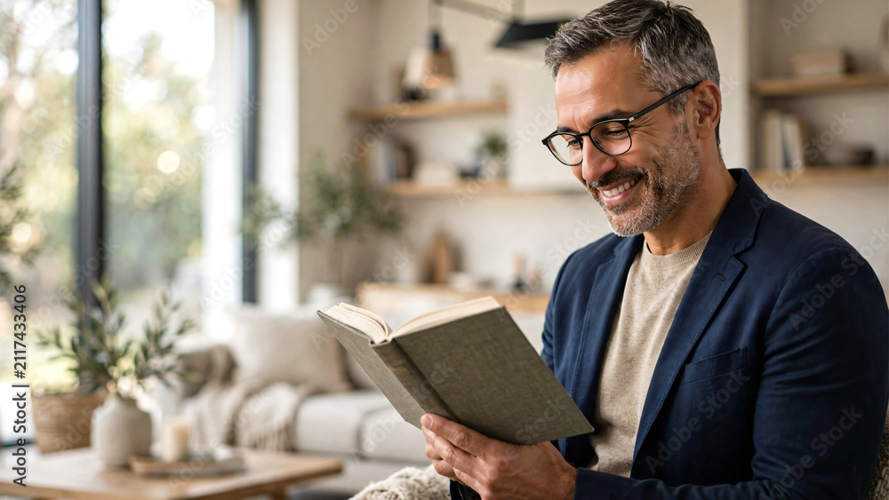 Obraz premium A confident middle-aged man wearing smart casual clothing and modern eyeglasses smiling while reading a book near a large window in a contemporary interior.