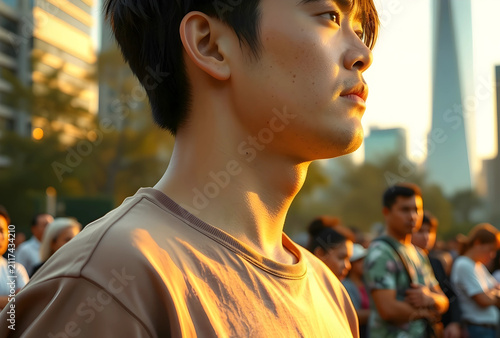 Young asian man in a crowd ...