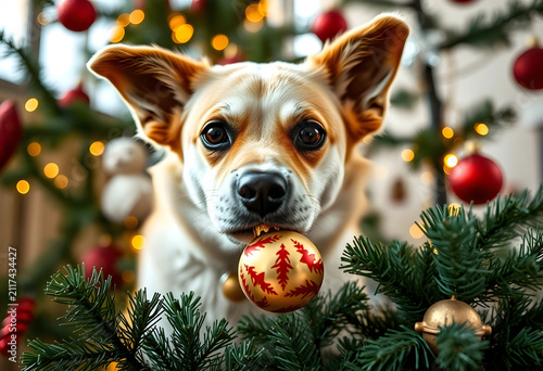 Cute dog holding a festive ...