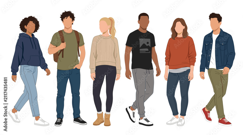 Obraz premium Professional vector collection featuring different man and woman wearing casual everyday outfits, comfortable t-shirts, hoodies, denim jeans, sneakers, relaxed modern clothing