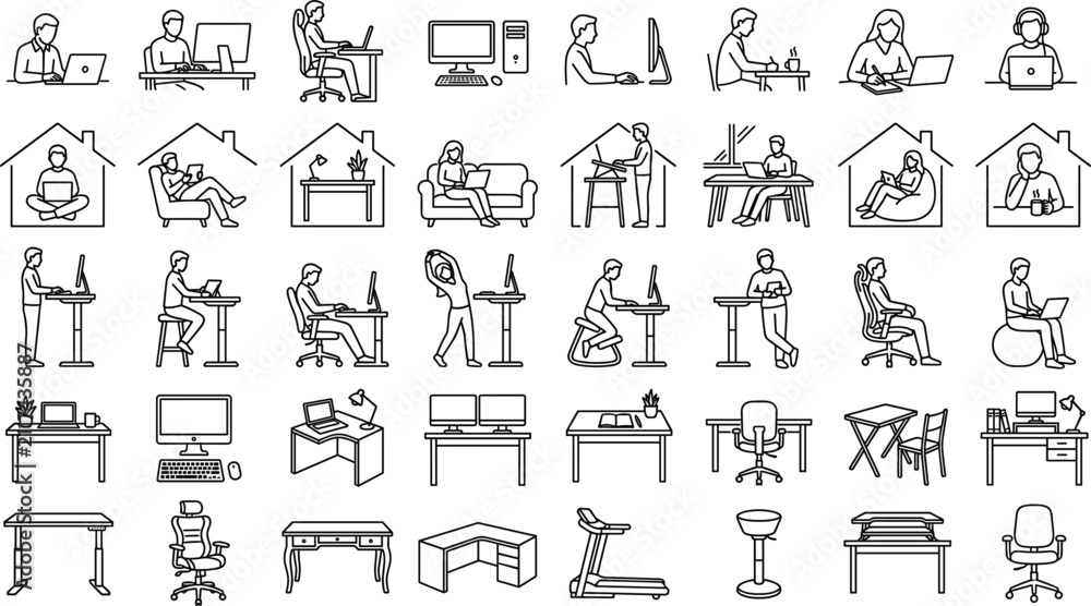Fototapeta premium Remote work ergonomics line icon set featuring freelance office desks standing workstations chairs and home workplace furniture vector
