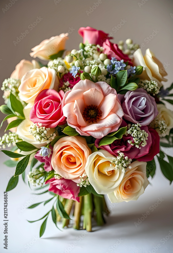 Obraz premium Colorful floral bouquet with roses, ranunculus, and babys breath, elegant wedding and celebration flowers