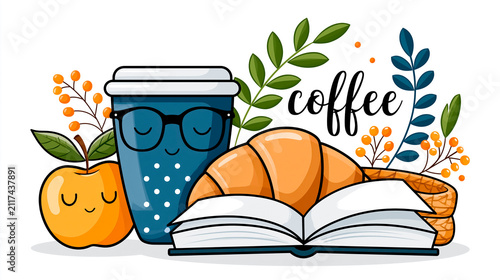 Beautiful sticker with a cup of coffee, a book, and a warm scarf isolated on white background