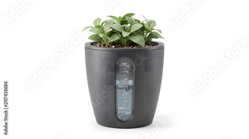 Dark grey modern self watering planter with green plant and integrated water level gauge display