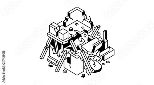 Isometric illustration of destroyed building ruins, debris, construction site