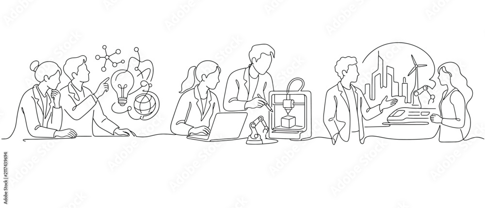 Fototapeta premium Continuous line drawing of engineers and scientists working on innovation, technology, research and development, 3d printing, smart city and sustainable energy development concepts