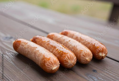 Four grilled hot dogs with ...