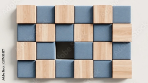 Abstract Pattern of Wooden and Blue Cubes with a Single Black Cube.