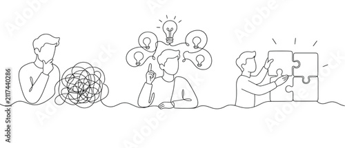 фотографія Continuous line drawing of a man thinking, having an idea, and solving a puzzle,