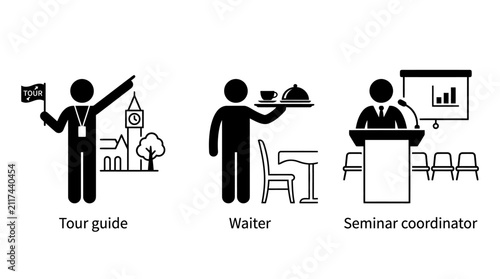 Professional service industry icons for tour guides, waiters, and seminar coordinators.