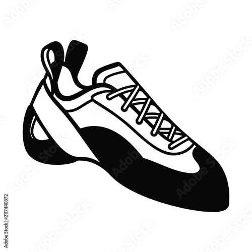 Black and white graphic illustration of a single climbing shoe with laces, depicted from a side view.