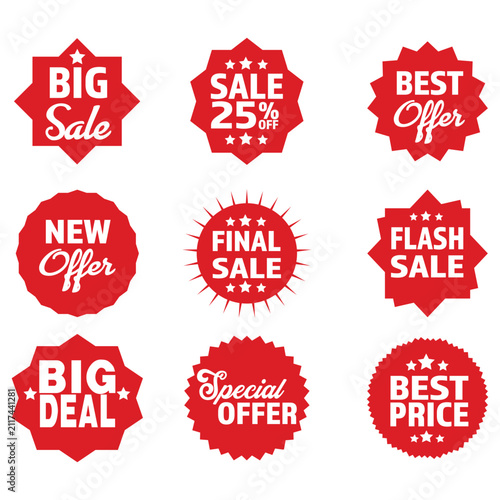 Set of 9 Red Sale Badges Collection, Discount Labels, Promotional Stickers, Best Price, Flash Sale, Final Sale, Big Deal, New Offer, Special Offer, Vector Marketing Labels Isolated