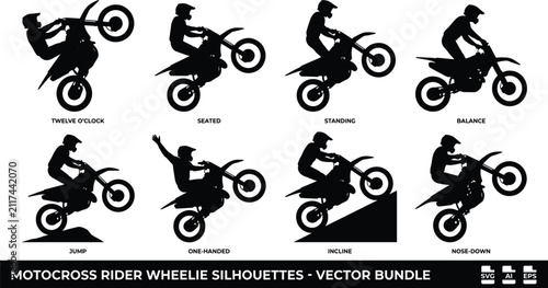 Fotografía Motocross Rider Wheelie Silhouette Vector Set Showing Dirt Bike Techniques