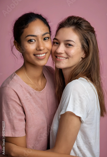 Two smiling young women emb...