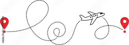 Minimalist airplane flight path with red map pins. Dotted line aircraft route vector. Travel destination tracking concept for tourism.