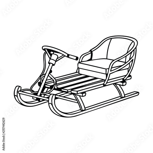 Line art illustration of a vintage snow sled with a steering mechanism and a comfortable seat, designed for winter recreation.