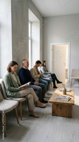 Diverse People Waiting Patiently In A Serene Modern Waiting Room