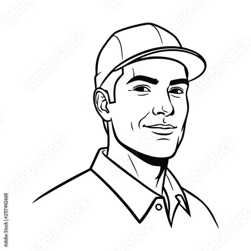 Black and white line art illustration of a smiling man wearing a baseball cap and collared shirt, looking directly at the viewer.