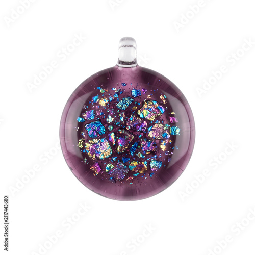 Round Cabochon Purple Fused Glass Pendant with Dichroic Flakes, See-Through Glass Craft Element, Isolated on transparent background