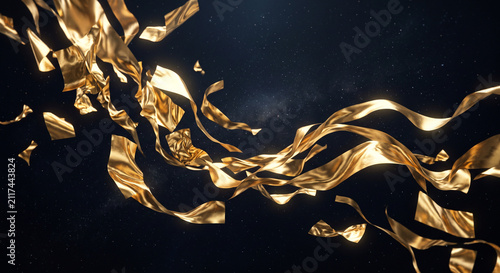 Dynamic Golden Ribbons Flowing Across a Dark Night Sky Background with Sparkling Light Effects