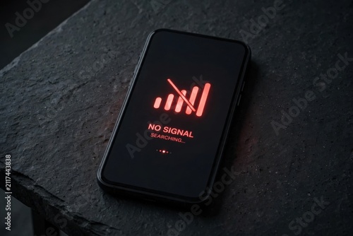 Smartphone Displaying No Signal Icon and Text on Dark Background.