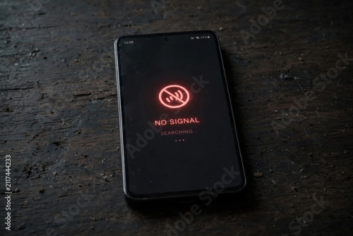 Smartphone Displaying No Signal Icon and Text on Dark Background.