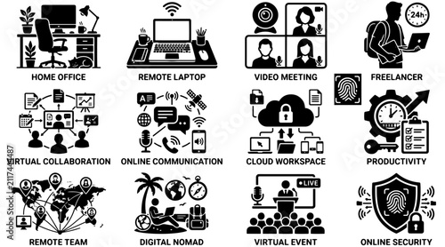 Modern Remote Work Black Silhouette Vector Set with Home Office, Laptop, Video Meeting, Freelancer, Virtual Collaboration, Cloud Workspace and Productivity Icons