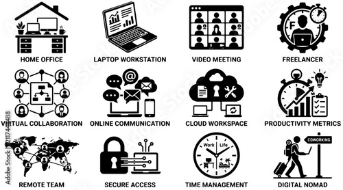 Modern Remote Work Black Silhouette Vector Set with Home Office, Laptop, Video Meeting, Freelancer, Virtual Collaboration, Cloud Workspace and Productivity Icons