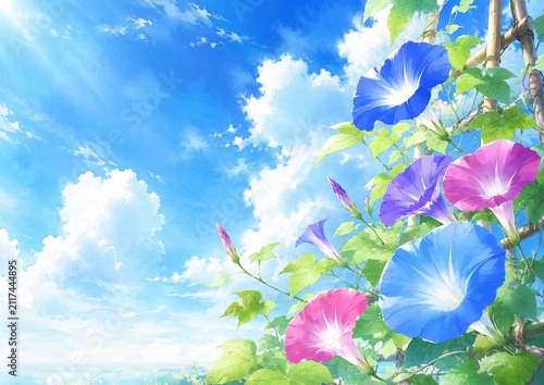 朝顔の夏　青空水彩イラスト　AI生成画像