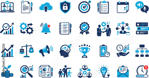 Corporate productivity fill icon set with business management, collaboration, dashboard, leadership, performance, workflow, and office glyphs.