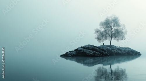 Lonely tree on a small island in fog. Minimalist landscape with calm water reflection.