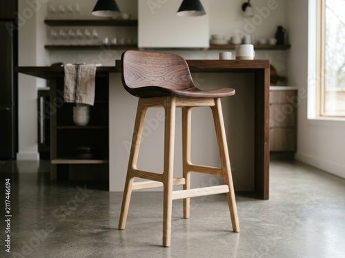 Modern bar stool with wooden legs and dark grey fabric seat in a stylish kitchen interior