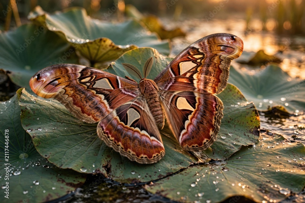 Fototapeta premium Giant Atlas Moth Resting on a Wet Lotus Leaf at Sunrise.