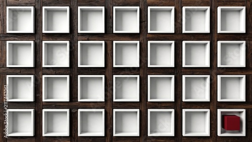 Grid of Empty White Cubbies with One Red Square.