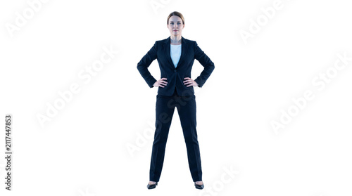 Confident Successful Businesswoman in Professional Suit Standing with Hands on Hips Isolated